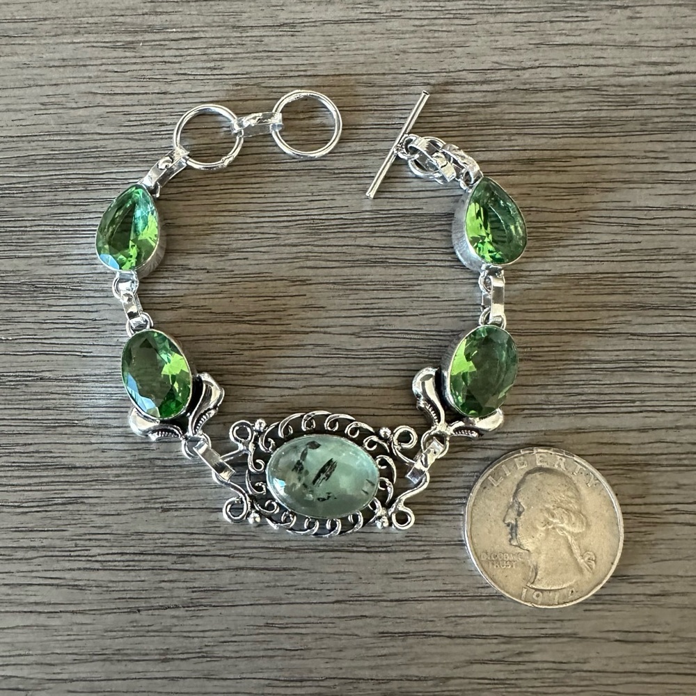 0998 Prehnite Peridot Bracelet Handmade Gemstone Silver Statement Jewelry - Picture 4 of 8